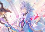  1boy ahoge bangs bishounen center_frills clouds cloudy_sky fate/grand_order fate_(series) flower flower_knot hair_between_eyes hair_ornament holding holding_staff holding_weapon hood hood_down hooded_robe kagachi_saku long_hair long_sleeves looking_at_viewer male_focus merlin_(fate) multicolored_hair pants parted_lips petals pink_ribbon ribbon robe sky smile solo staff tassel turtleneck two-tone_hair upper_body very_long_hair violet_eyes weapon white_hair white_robe wide_sleeves 