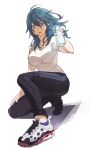  1girl alternate_costume asao_(vc) black_pants blue_eyes blue_hair bottle byleth_(fire_emblem) byleth_eisner_(female) fire_emblem fire_emblem:_three_houses full_body holding pants parted_lips shirt shoes short_sleeves simple_background solo water_bottle white_background white_shirt 