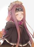  1girl :d black_cape braid braided_ponytail cape closed_eyes crying fate/grand_order fate_(series) floating_hair hair_intakes higa-shi hood hood_down hooded long_hair medusa_(lancer)_(fate) open_mouth purple_hair simple_background smile solo tears upper_body very_long_hair white_background 