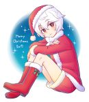  1boy 2017 :t bangs boots eyebrows_visible_through_hair full_body hair_between_eyes hat kuga_yuuma leg_hug looking_at_viewer merry_christmas red_eyes red_footwear roromo santa_costume santa_hat short_shorts shorts sitting solo white_hair world_trigger 