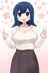  1girl alternate_costume bangs black_skirt blue_eyes blue_hair blush breasts double_v eyebrows_visible_through_hair heart highres kantai_collection large_breasts long_hair long_sleeves open_mouth ribbed_sweater simoyuki simple_background skirt solo souryuu_(kantai_collection) sweater v 