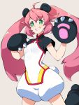  1girl ahoge animal_ears bangs bear_paws breasts eyebrows_visible_through_hair gloves green_eyes grin gundam gundam_build_divers gundam_build_divers_re:rise hair_between_eyes long_hair looking_at_viewer panda_ears panda_tail paw_gloves paws pink_hair short_jumpsuit short_sleeves small_breasts smile solo twintails very_long_hair yashiro_momoka youhei_64d 