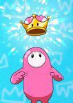  1other absurdres aqua_background arms_at_sides english_commentary fall_guy fall_guys glitter highres looking_up super_mario_bros. new_super_mario_bros._u_deluxe no_humans no_mouth other_focus pink_suit ravenide shiny solo super_crown |_| 