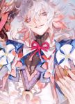  1boy ahoge au_(d_elite) bangs bishounen center_frills fate/grand_order fate_(series) flower flower_knot hair_between_eyes hair_ornament highres holding holding_staff holding_weapon hood hood_down hooded_robe long_hair long_sleeves looking_at_viewer male_focus merlin_(fate) multicolored_hair pants parted_lips petals pink_ribbon ribbon robe smile smirk solo staff tassel turtleneck two-tone_hair upper_body very_long_hair violet_eyes weapon white_hair white_robe wide_sleeves 