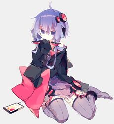  1girl ahoge black_jacket cellphone commentary_request dress earphones earphones full_body highres jacket looking_to_the_side meto_(metrin) off-shoulder_jacket phone pillow purple_dress purple_hair purple_legwear short_hair_with_long_locks simple_background sitting sleeves_past_fingers sleeves_past_wrists smartphone solo thigh-highs violet_eyes voiceroid wariza white_background yuzuki_yukari 