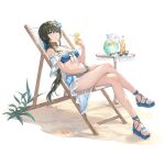  1girl bangle bare_legs beach_chair bead_bracelet beads bikini black_hair blue_bikini blue_eyes bottle bracelet breasts collar crossed_legs cup drinking_glass drinking_straw expressionless eyewear_removed flower frilled_bikini frills hair_flower hair_ornament hilda_(king&#039;s_raid) jewelry king&#039;s_raid long_hair looking_at_viewer low_ponytail medium_breasts official_art pitcher reclining sandals sitting solo string_bikini sunglasses swimsuit thighs transparent_background very_long_hair 