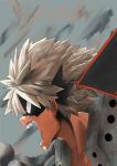  1boy angry bakugou_katsuki black_mask blonde_hair boku_no_hero_academia commentary_request derivative_work eye_mask face from_side grey_background highres male_focus multicolored_hair open_mouth pote_to red_eyes short_hair solo spiky_hair steam teeth two-tone_hair 