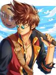  1boy akira_ituki alternate_costume brown_hair glasses guitar holding holding_instrument instrument looking_back macross macross_7 nekki_basara round_eyewear solo yellow_eyes 