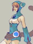1girl animal_ears animal_hood blue_eyes breasts breath_of_fire breath_of_fire_v cat_ears cat_hood closed_mouth dress gloves highres hood kannoaki lin_(breath_of_fire) looking_at_viewer orange_hair short_hair simple_background solo tail thigh-highs