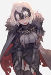  1girl ahoge armor armored_dress bangs blush breasts cape chain coat fate/grand_order fate_(series) fur-trimmed_coat fur_trim gauntlets hands_on_own_knees headpiece highres jeanne_d&#039;arc_(alter)_(fate) jeanne_d&#039;arc_(fate)_(all) lack large_breasts looking_at_viewer open_mouth short_hair silver_hair solo thigh-highs tsurime yellow_eyes 