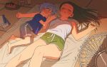  1boy 1girl age_difference black_hair breast_grab breasts child commentary diffndk flustered grabbing highres indoors large_breasts mattress md5_mismatch nervous original shorts size_difference sleep_molestation sleeping sweat textless 