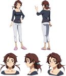  1girl brown_eyes brown_hair character_sheet glasses gundam gundam_build_divers gundam_build_divers_re:rise hand_on_hip highres kuga_yuriko looking_at_viewer multiple_views official_art one_eye_closed slippers solo tied_hair 