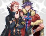  2boys arm_over_shoulder baseball_cap black_cape blush cape closed_eyes closed_mouth commentary_request crossed_arms dark_skin dark_skinned_male dynamax_band eyebrows_visible_through_hair facial_hair fur-trimmed_cape fur_trim gloves hand_on_hip hat lance_(pokemon) leon_(pokemon) long_hair long_sleeves looking_at_viewer male_focus mimasan multiple_boys pokemon pokemon_(game) pokemon_hgss pokemon_swsh purple_hair red_cape redhead shirt single_glove smile spiky_hair teeth turtleneck 