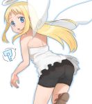  1other ? angel angel_wings ass black_shorts blonde_hair blue_eyes crimvael dress from_behind halo ishuzoku_reviewers komiya_harumoto long_hair looking_at_viewer looking_back off-shoulder_dress off_shoulder open_mouth sandals shorts sidelocks solo speech_bubble spoken_question_mark white_dress wings 