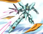  arm_cannon clenched_hand firing funnels green_eyes gundam gundam_build_divers gundam_build_divers_re:rise highres ishiyumi looking_ahead mecha no_humans open_hand original solo weapon 