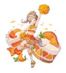  1girl ;d animal_ears arm_up arm_warmers armpits bare_shoulders bell breasts cake cheerleader crop_top crop_top_overhang fang food fruit full_body grey_hair hair_ornament hand_on_hip highres holding holding_pom_poms jingle_bell king&#039;s_raid kneehighs leg_up long_hair looking_at_viewer midriff miniskirt navel official_art one_eye_closed open_mouth orange orange_skirt orange_slice pleated_skirt pom_poms requina shirt shoes side_ponytail skirt sleeveless sleeveless_shirt small_breasts smile solo tail transparent_background undershirt white_footwear white_legwear white_shirt yellow_eyes 
