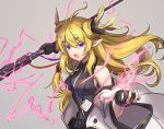  1girl antenna_hair arknights bangs bare_shoulders black_gloves blonde_hair breasts chagara commentary_request eyebrows_visible_through_hair fingerless_gloves gloves grey_background hair_between_eyes hand_up highres horns leizi_(arknights) lightning long_hair looking_at_viewer medium_breasts open_mouth originium_arts_(arknights) pointy_ears simple_background solo upper_body v-shaped_eyebrows violet_eyes 
