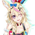  1girl ;p airani_iofifteen_(artist) animal_ears arm_strap bare_shoulders blonde_haplayir bow braid collarbone facial_mark finger_to_mouth fox_ears hair_between_eyes hair_ornament hairclip hat heart heart-shaped_pupils hololive jester_cap multicolored_hair omaru_polka one_eye_closed pink_hair playing_card_theme solo symbol-shaped_pupils tongue tongue_out violet_eyes virtual_youtuber white_background 