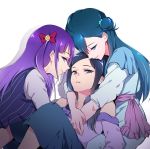 3girls blue_eyes blue_hair bow crossover hair_bow hair_bun healin&#039;_good_precure hug hug_from_behind hugtto!_precure kaguya_madoka long_hair looking_at_viewer multiple_girls negom precure purple_hair red_bow sawaizumi_chiyu simple_background star_twinkle_precure white_background yakushiji_saaya