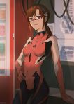  1girl absurdres arm_support blue_hairband bodysuit breasts brown_hair closed_mouth covered_navel cowboy_shot evangelion:_3.0_you_can_(not)_redo glasses hairband hand_on_hip highres long_hair looking_at_viewer low_twintails makinami_mari_illustrious neon_genesis_evangelion orlijiang pink_bodysuit plugsuit rebuild_of_evangelion red-framed_eyewear small_breasts smile smug solo twintails 