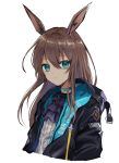  1girl amiya_(arknights) animal_ears arknights bangs banmi black_jacket blue_choker blue_eyes brown_hair choker closed_mouth clothes_writing cropped_torso frown hood hood_down hooded_jacket jacket long_hair long_sleeves looking_at_viewer open_clothes rabbit_ears shirt simple_background sketch solo upper_body white_background white_shirt 