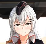  1girl barrette black_headwear blush eyebrows_visible_through_hair girls_frontline grey_eyes grey_hair hat highres jacket long_hair looking_at_viewer military military_hat muteppona_hito shirt silver_hair smile solo_focus svd_(girls_frontline) 
