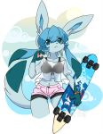  1girl :&lt; animal_ears animal_nose artist_name blue_eyes blue_fur blue_hair clouds commentary_typo contrapposto english_commentary eyebrows_visible_through_hair furry gen_3_pokemon gen_4_pokemon glaceon hair_between_eyes hamsteroftime holding_skateboard kyogre legendary_pokemon long_hair navel pawpads pink_shorts pokemon see-through shorts solo standing sun tail watermark 