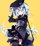  1girl bag beret black_headwear black_legwear brown_eyes character_name commentary_request cowboy_shot duffel_bag g11_(girls_frontline) german_flag girls_frontline gloves hair_between_eyes hair_ornament hand_on_headwear hand_up hat high_collar highres iron_cross jacket long_hair meto_(metrin) multicolored multicolored_clothes multicolored_jacket plaid plaid_skirt pouch skirt solo thigh-highs very_long_hair white_gloves white_hair yellow_background 