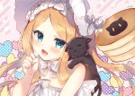  1girl :d abigail_williams_(fate/grand_order) abigail_williams_(swimsuit_foreigner)_(fate) animal animal_on_shoulder bangs bare_arms bare_shoulders bikini black_cat blonde_hair blue_eyes blush bonnet bow cat commentary_request diagonal_stripes eyebrows_visible_through_hair fate/grand_order fate_(series) food hair_bow hand_up heart highres open_mouth pancake parted_bangs polka_dot smile solo star_(symbol) strapless strapless_bikini striped striped_background striped_bow suzunone_rena swimsuit white_bikini white_bow white_headwear 