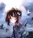  1girl bangs bird blood blood_on_face brown_hair child clouds cloudy_sky collared_shirt commentary earrings english_commentary hair_bun hair_ornament halo highres jewelry looking_at_viewer multiple_earrings orange_eyes original outdoors shirt short_hair sky solo_focus sunlight tokikosann upper_body 