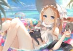  1girl abigail_williams_(fate/grand_order) abigail_williams_(swimsuit_foreigner)_(fate) absurdres ball bangs bare_shoulders beach beachball bikini black_cat blonde_hair blue_eyes blue_sky blush bonnet bow breasts cat fate/grand_order fate_(series) forehead hair_bow highres huge_filesize innertube knees_up long_hair looking_at_viewer miniskirt ocean oyuyu parted_bangs sidelocks skirt sky small_breasts smile swimsuit thighs twintails very_long_hair water white_bikini white_bow white_headwear 