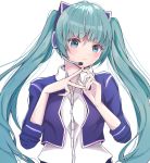  1girl alternate_costume blue_eyes blue_hair hands_together hatsune_miku headset long_hair looking_to_the_side shiina_melia solo twintails vocaloid 