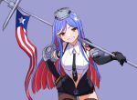  1girl american_flag bangs black_gloves black_neckwear blue_hair breasts commentary_request elbow_gloves eyebrows_visible_through_hair flag gloves grin hand_on_hip headgear kantai_collection large_breasts long_hair multicolored_hair navel necktie redhead shirt simple_background smile solo south_dakota_(kantai_collection) star_(symbol) vest white_hair white_shirt yellow_eyes yoshino_ns 