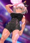  1girl bangs black_bodysuit black_hairband blue_eyes blurry blurry_background bodysuit breasts clenched_hand commentary_request covered_navel dynamax_ball eyelashes grey_hair gym_leader hair_between_eyes hairband hand_up highres looking_to_the_side muscle muscular_female pokemon pokemon_(game) pokemon_swsh saitou_(pokemon) shiny short_hair solo uleuleuleu 