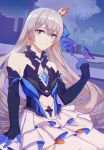  1girl bangs black_gloves bronya_zaychik bronya_zaychik_(herrscher_of_reason) bug butterfly cityscape commentary_request crossed_bangs crown dress earrings elbow_gloves gloves grey_eyes hair_ornament highres honkai_(series) honkai_impact_3rd insect jewelry layered_dress looking_at_viewer mini_crown silence_(pixiv18541142) silver_hair stomach_cutout thigh-highs 