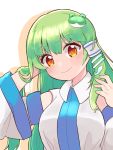  1girl bangs blush breasts brown_eyes closed_mouth collared_shirt colored_shadow commentary_request detached_sleeves drop_shadow eyebrows_visible_through_hair frog_hair_ornament green_hair hair_between_eyes hair_ornament hand_in_hair hand_up head_tilt kochiya_sanae long_hair long_sleeves looking_at_viewer medium_breasts shadow shirt sidelocks simple_background sleeveless sleeveless_shirt smile snake_hair_ornament solo touhou upper_body white_background white_shirt white_sleeves wide_sleeves yamase 