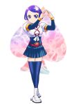  1girl bangs blue_eyes blue_hair blue_legwear blue_skirt closed_mouth dokidoki!_precure full_body kamen_rider kamen_rider_blade kamen_rider_blade_(cosplay) kamen_rider_blade_(series) kenzaki_makoto long_sleeves looking_at_viewer miniskirt parted_bangs pleated_skirt precure shiny shiny_hair short_hair short_over_long_sleeves short_sleeves skirt smile solo standing thigh-highs ueyama_michirou white_background white_footwear zettai_ryouiki 