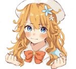  1girl blonde_hair blue_eyes blush bow bowtie clenched_hands closed_mouth commentary cosplay curly_hair eyebrows_visible_through_hair flower hair_between_eyes hair_flower hair_ornament long_hair looking_at_viewer lq_saku nijisanji otogibara_era otogibara_era_(cosplay) portrait red_neckwear simple_background solo symbol_commentary virtual_youtuber white_background white_headwear 