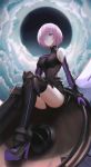  1girl absurdres armored_leotard black_gloves black_legwear black_leotard breasts breasts_apart elbow_gloves eyebrows_visible_through_hair fate/grand_order fate_(series) from_below gloves hair_over_one_eye highres leotard mash_kyrielight medium_breasts pink_hair purple_gloves shiny shiny_hair short_hair sitting solo thigh-highs two-tone_gloves violet_eyes xeonomi 