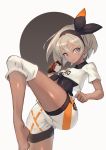  1girl bangs barefoot black_bodysuit black_hairband bodysuit bodysuit_under_clothes bow_hairband collared_shirt commentary_request gloves grey_eyes grey_hair gym_leader hairband highres knee_pads leg_up moco_(moco_28) poke_ball poke_ball_(basic) pokemon pokemon_(game) pokemon_swsh print_shorts saitou_(pokemon) shiny shiny_skin shirt short_hair short_sleeves shorts single_glove solo tied_shirt two-tone_background 