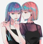  2girls :d absurdres bangs blue_eyes blue_hair blue_nails blunt_bangs blunt_ends breasts brown_hair camisole cigarette ear_piercing earrings hair_ornament hairclip hand_up highres jewelry multiple_girls open_mouth original piercing pink_nails richard_(ri39p) ring short_hair short_sleeves simple_background small_breasts smile smoking upper_body white_background 