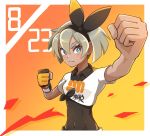  1girl bangs black_bodysuit black_hairband blush bodysuit bodysuit_under_clothes clenched_hands closed_mouth collared_shirt commentary_request covered_navel dynamax_band gloves grey_hair gym_leader hair_between_eyes hairband hands_up highres kooeiatd111020 number pokemon pokemon_(game) pokemon_swsh print_shirt saitou_(pokemon) shirt short_hair short_sleeves single_glove solo tied_shirt upper_body 
