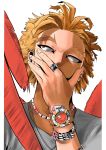  bangs blonde_hair boku_no_hero_academia bracelet commentary covering_mouth derivative_work face facial_hair feathered_wings feathers grey_shirt hand_on_own_face hand_over_own_mouth hawks_(boku_no_hero_academia) highres jewelry looking_up male_focus necklace pote_to red_feathers ring shirt simple_background solo spiky_hair thick_eyebrows upper_body watch watch white_background wings 
