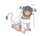  1girl absurdres all_fours bandaged_leg bandages bangs bare_shoulders barefoot black_hair blue_eyes blush breasts collarbone commentary_request cow_horns cow_tail dark_skin eyebrows_visible_through_hair flying_sweatdrops highres horns idaten93 long_sleeves looking_at_viewer medium_breasts off-shoulder_shirt off_shoulder original parted_lips pointy_ears shadow shirt sidelocks sleeves_past_wrists solo tail white_background white_shirt 