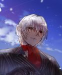  1boy antonio_salieri_(fate/grand_order) black_gloves black_jacket clouds collared_shirt cravat eyebrows eyebrows_visible_through_hair fate/grand_order fate_(series) formal gloves jacket long_sleeves looking_at_viewer male_focus neckwear picube525528 pinstripe_pattern red_neckwear shirt short_hair silver_hair sky solo striped suit upper_body white_hair white_shirt 