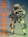  gradient gradient_background gun highres holding holding_gun holding_weapon ishiwata_makoto looking_down mecha military no_humans obsolete rifle science_fiction solo topex-12_exacto weapon wheel 