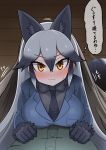  &gt;:3 1boy 1girl :3 animal_ears aramaru black_gloves blue_jacket blush breast_press breasts commentary commentary_request extra_ears eyebrows_visible_through_hair fox_ears fox_tail fur-trimmed_sleeves fur_trim gloves indoors jacket kemono_friends large_breasts looking_at_viewer necktie pov silver_fox_(kemono_friends) silver_hair speech_bubble tail translation_request trembling tsurime yellow_eyes 