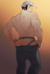  1boy ass asura_(russian) back bara black_hair blush body_hair facial_hair highres jockstrap male_focus manly multicolored_hair muscle original pants short_hair solo underwear undressing upper_body white_hair 