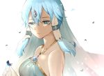  1girl bangs blue_eyes blue_hair breasts butterfly_on_hand circlet collarbone eyebrows_visible_through_hair from_side hair_between_eyes hair_tubes half-closed_eyes highres medium_breasts open_mouth shiny shiny_hair short_hair_with_long_locks shugaa_(pixiv37615254) sidelocks simple_background sinon_(solus) solo sword_art_online upper_body white_background 