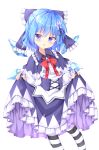  1girl :o alternate_costume arms_up bangs blue_capelet blue_dress blue_eyes blue_hair blush bow bowtie capelet cirno commentary_request contrapposto cropped_legs dress eyebrows_visible_through_hair gothic_lolita hair_ornament hair_ribbon head_tilt highres kuraaken lifted_by_self lolita_fashion long_sleeves looking_at_viewer pantyhose partial_commentary petticoat red_neckwear ribbon short_hair simple_background skirt skirt_lift solo standing star_(symbol) star_hair_ornament striped striped_legwear touhou underbust white_background wings 